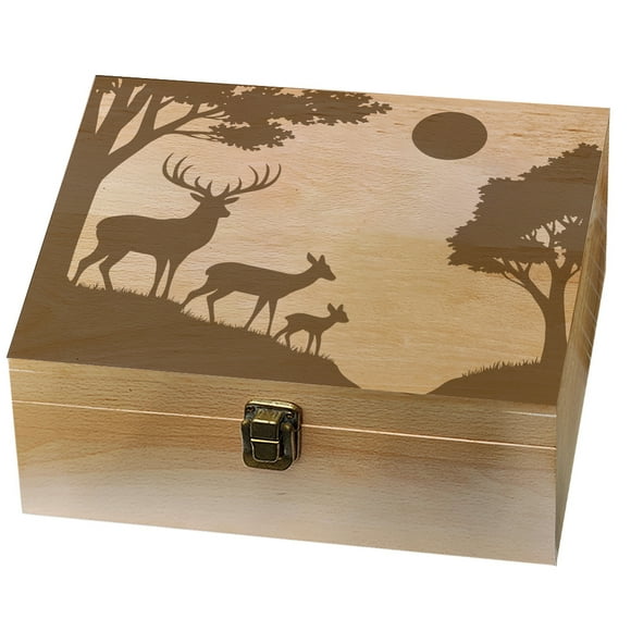 1 Pc Wooden Memory Keepsake Box A Family of Three Deer in The Forest with The Sun Storage Decorative Memory Wooden Box with Hinge Lids for Photos DVDs Letters Holding 24.5x19.5x10.3cm
