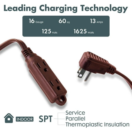 JUNCHI-Flat Plug Extension Cord with 3 Outlets Extender, Indoor Extension Cord Power Strip, 16 Gauge 1FT Brown 3 Prong, 16/3 SPT-3 13A, UL Listed