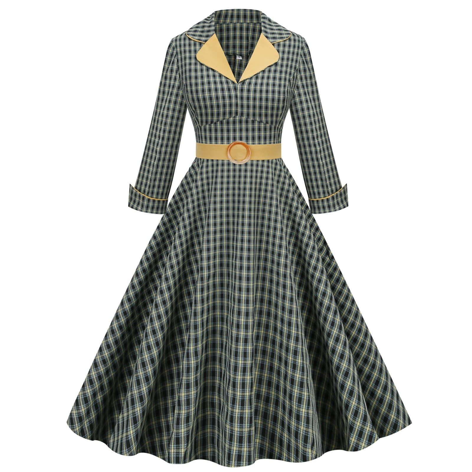 Women's Vintage Long Sleeve Dress 1940s Slim Lapel Flare Dress Elegant