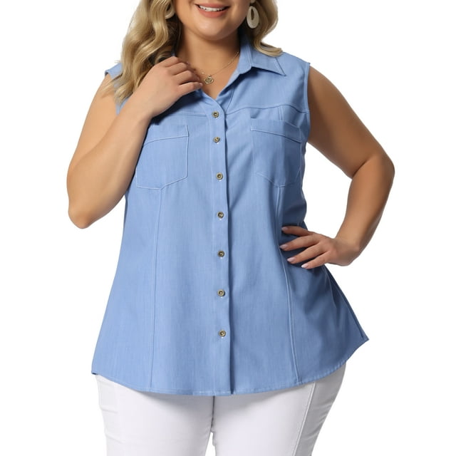 GRACE & GRANDEUR Women's Plus Size Chambray Sleeveless Button Work Shirts Light Blue 4X