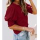 thumbnail image 2 of Camisa de manga corta con burbujas para mujer, cuello redondo, color puro, cierre de botones, puños, camisa holgada y plisada con mangas abullonadas, Top para verano, rojo vino XXL, 2 of 5
