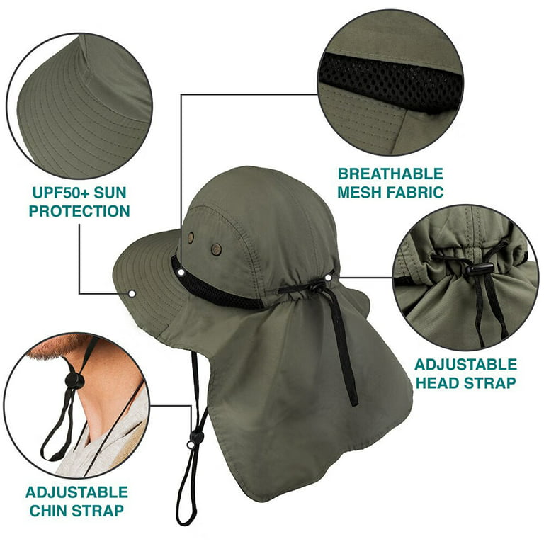 Seekfunning Mens Fishing Hat with Neck Flap for Men，Sun Hat with Wide Brim  for Hiking Safari Hat with Neck Cover for Outdoor Sun Protection Fisherman  Hat - Army Green 