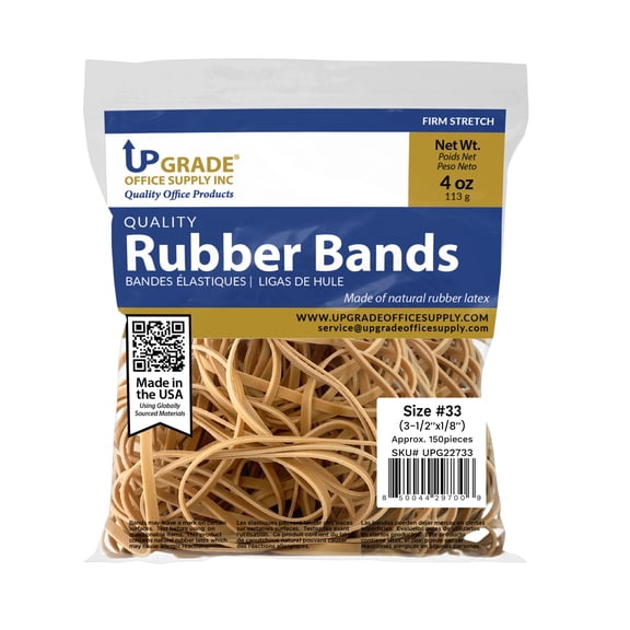 Upgrade Office Supply UPG22733 Rubber Bands, Size #33 (3-1/2” x 1/8”), 150 Bands, 1/4 lb, USA