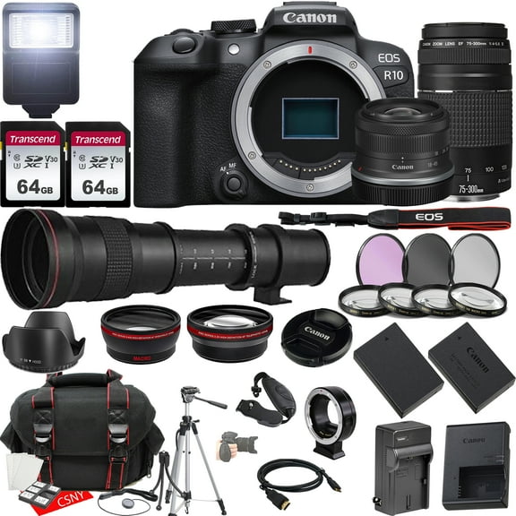 Canon EOS R10 Mirrorless Camera w/RF-S 18-45mm f/4.5-6.3 IS STM Lens   EF 75-300mm f/4-5.6 III Lens   420-800mm f/8.3 HD Telephoto Lens   2X 64GB Memory   Case   Filters   Tripod & More (35pc Bundle)