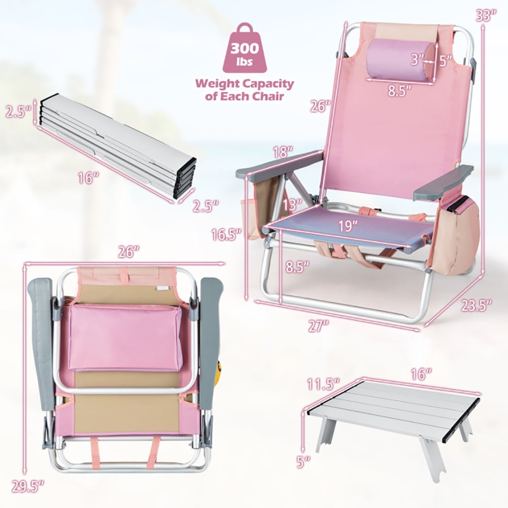 Aimee Lii 2 Packs 5-Position Outdoor Folding Backpack Beach Table Chair Reclining Chair Set, Outdoor Patio Furniture, Pink