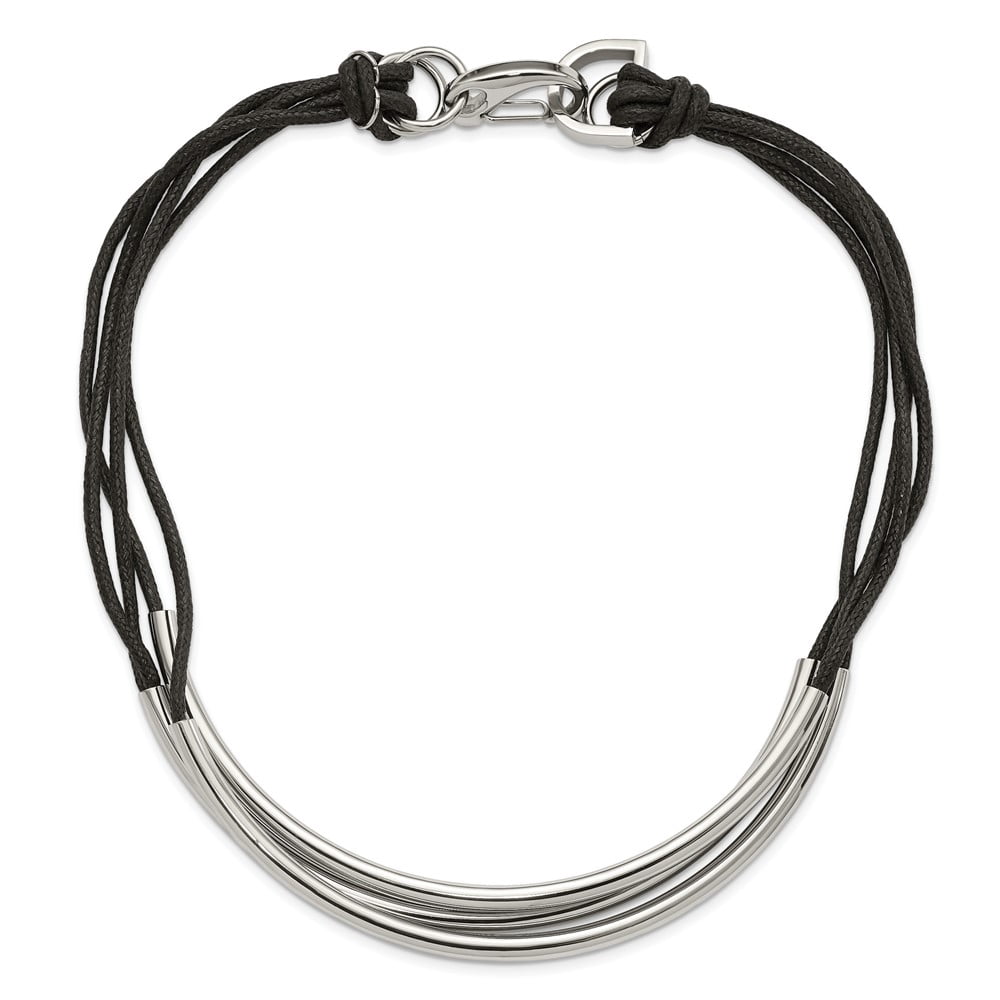 Stainless Steel Cord & Leather Necklace Chain Polished 3 Tube w/ Black Wax 18 inch 5 mm