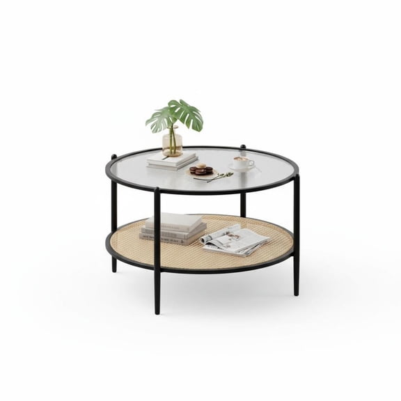 Garvee 2-Tier 30 inch Round Rattan Coffee Table with Storage, Black