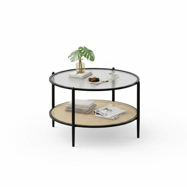Garvee 2-Tier 30 inch Round Rattan Coffee Table with Storage, Black