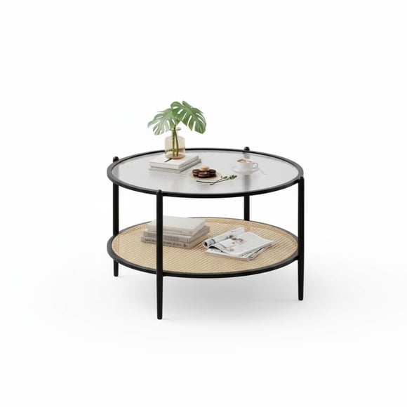 Garvee Table Basse Ronde en Rotin à 2 Niveaux de 30 Pouces avec Rangement, Noir