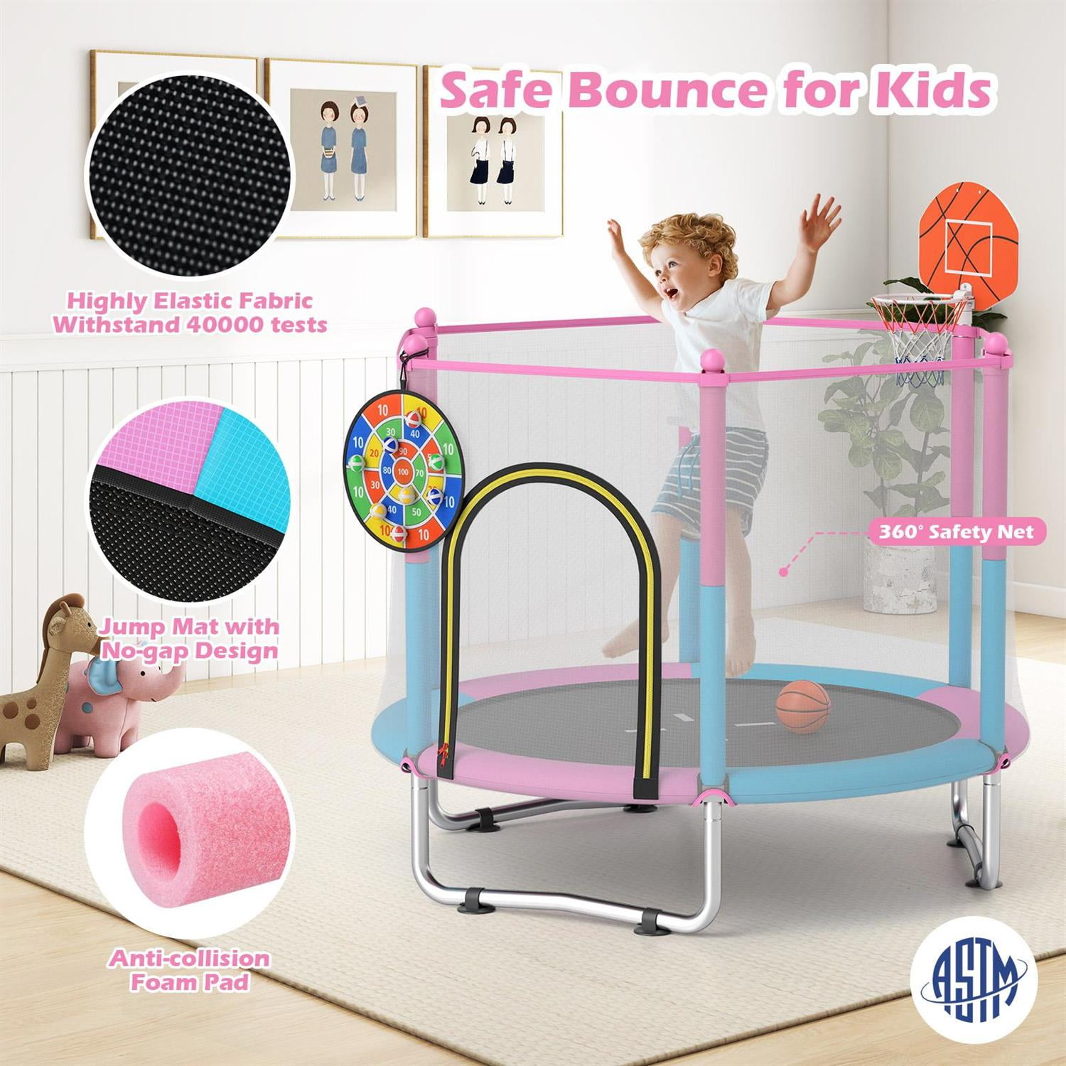 Spaco 60-Inch Toddler Trampoline, Anti-Slip Suction Cups, No-Gap Safety Construction, Integrated Basketball Hoop, Multicolor