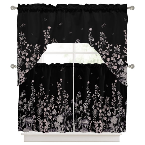 Curtains Swag and Tiers Curtains Set, Black Botanical Valances with Kitchen Tier Curtain 36 Inches Long, Dragonfly Flower Leaf Retro Style Swag Light Filtering Curtains for Sink/Laundry Room
