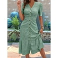 thumbnail image 2 of Women'S Short Sleeve V Neck Sundress Summer Casual Button Floral Dress with Pockets Light Green XL, 2 of 4