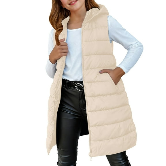 Mercatoo Teen Girls Long Hooded Puffer Vest Quilted Padded Winter Sleeveless down Jackets Kids Zip up Waistcoat Outwear