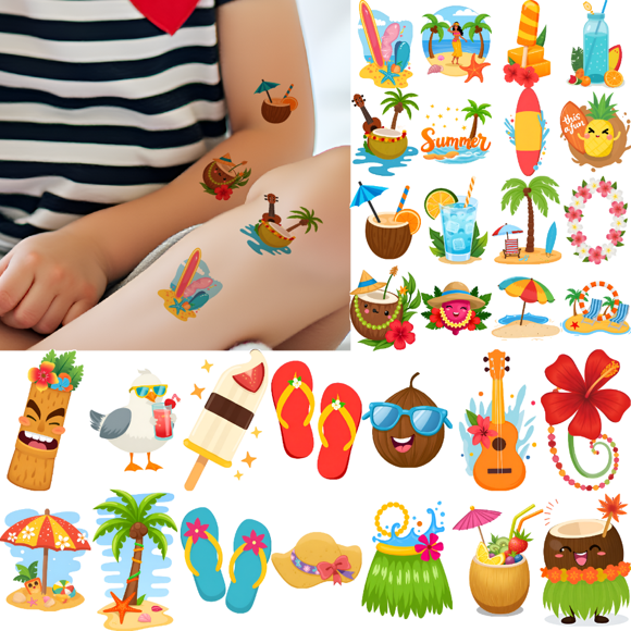 54 Temporary Tattoos Waterproof Long Lasting Body Stickers Hawaiian Beach Coconut Tree Ice Cream Swim Ring Kids Boys Girls Tattoo Stickers Arm Forearm Shoulder Cheek