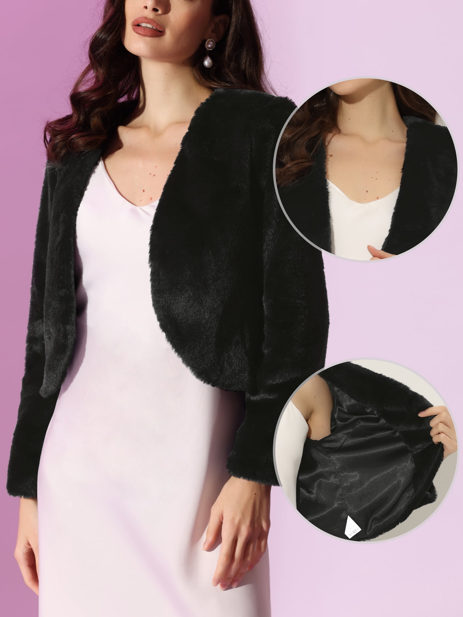 DARING DIVA Women's Faux Fur Cropped Open Front Jacket Bolero Coat M Black