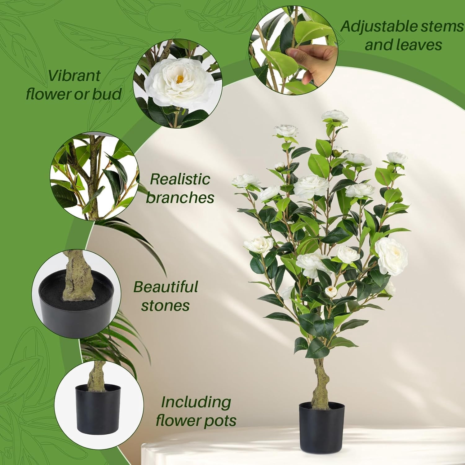 Artificial Camellia Tree 2 Pack, 3FT Faux Camellia Plant in Pot, 36 inch Fake Potted Camellia Flower Tree Plastic Camellia Tree for  Office Living Room Floor, Christmas, Decor Indoor, White