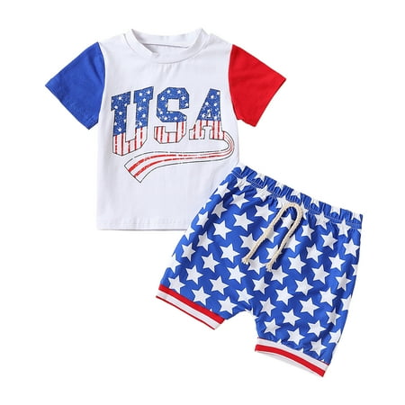 

HIBRO Independence Day Girls Boys Short Sleeve Letter Prints T Shirt Tops Short Pants Outfits Baby Receiving Outfit Girls Easter Gift Set