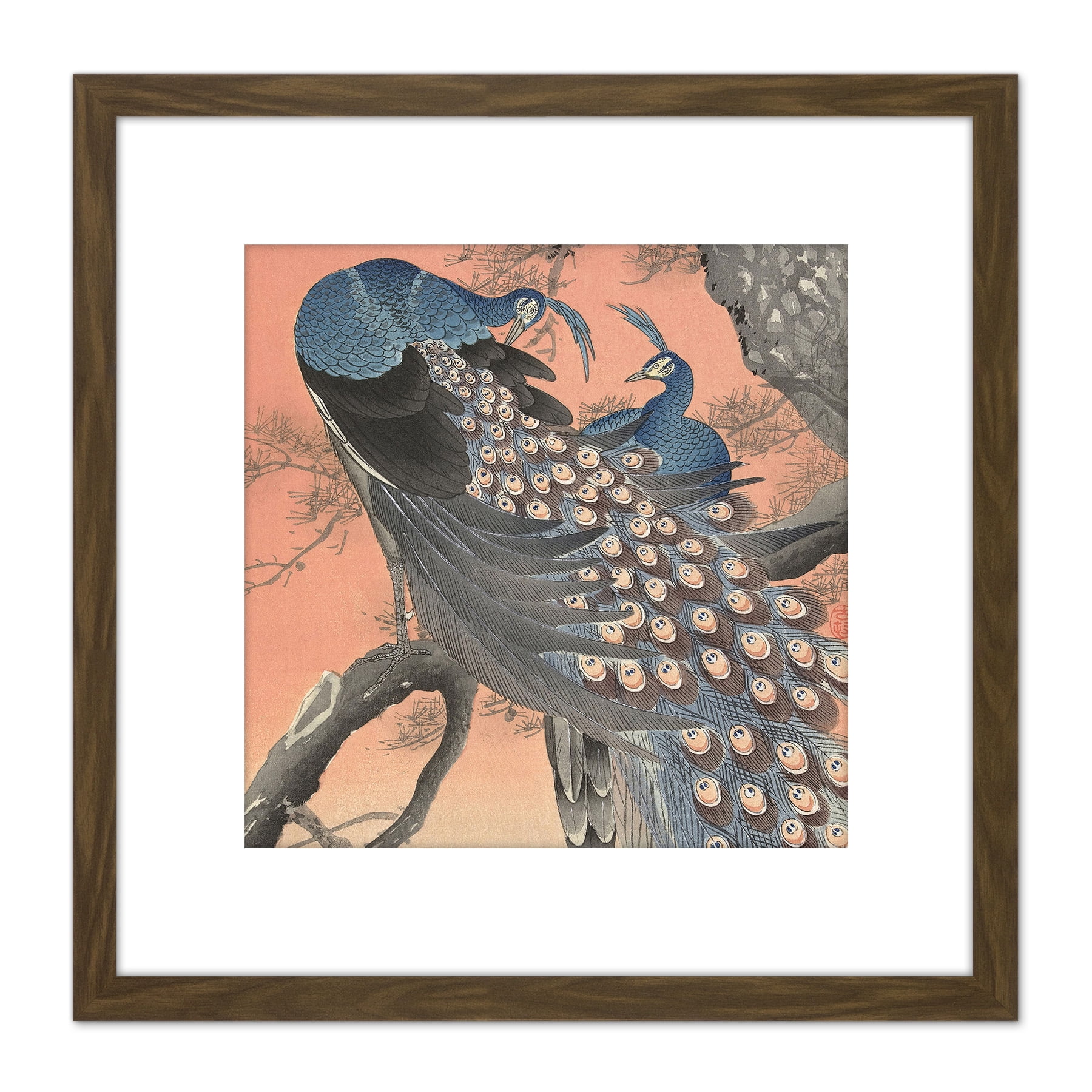 Ohara Koson Two Peacocks On Tree Branch Painting 8X8 Inch Square Wooden ...