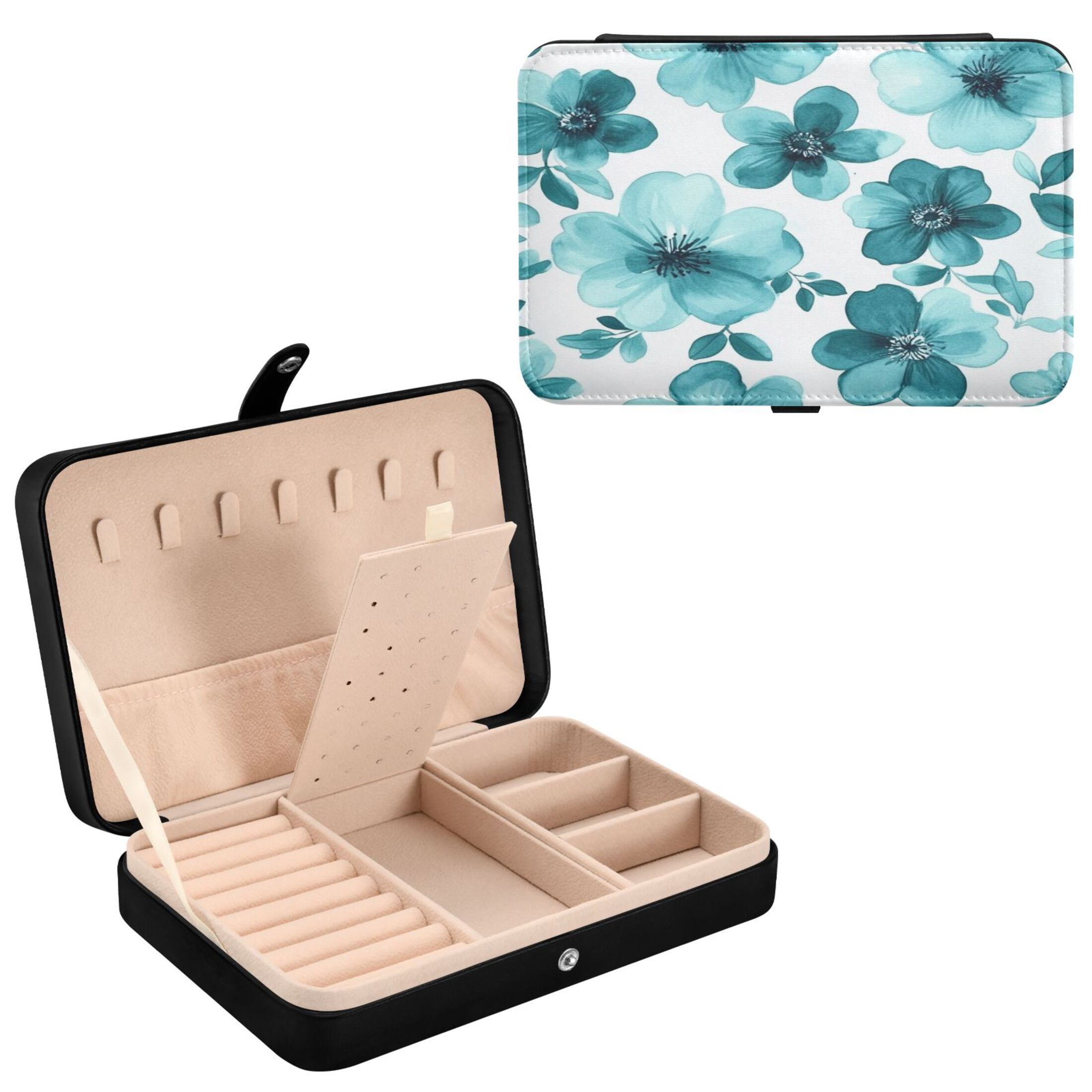 Leather Jewelry Box Rectangular 8.27x5.5x1.78In Travel Jewelry Storage Earrings Necklace Bracelet Watch Brooch Storage Cartoon Navy Flowers Seamless