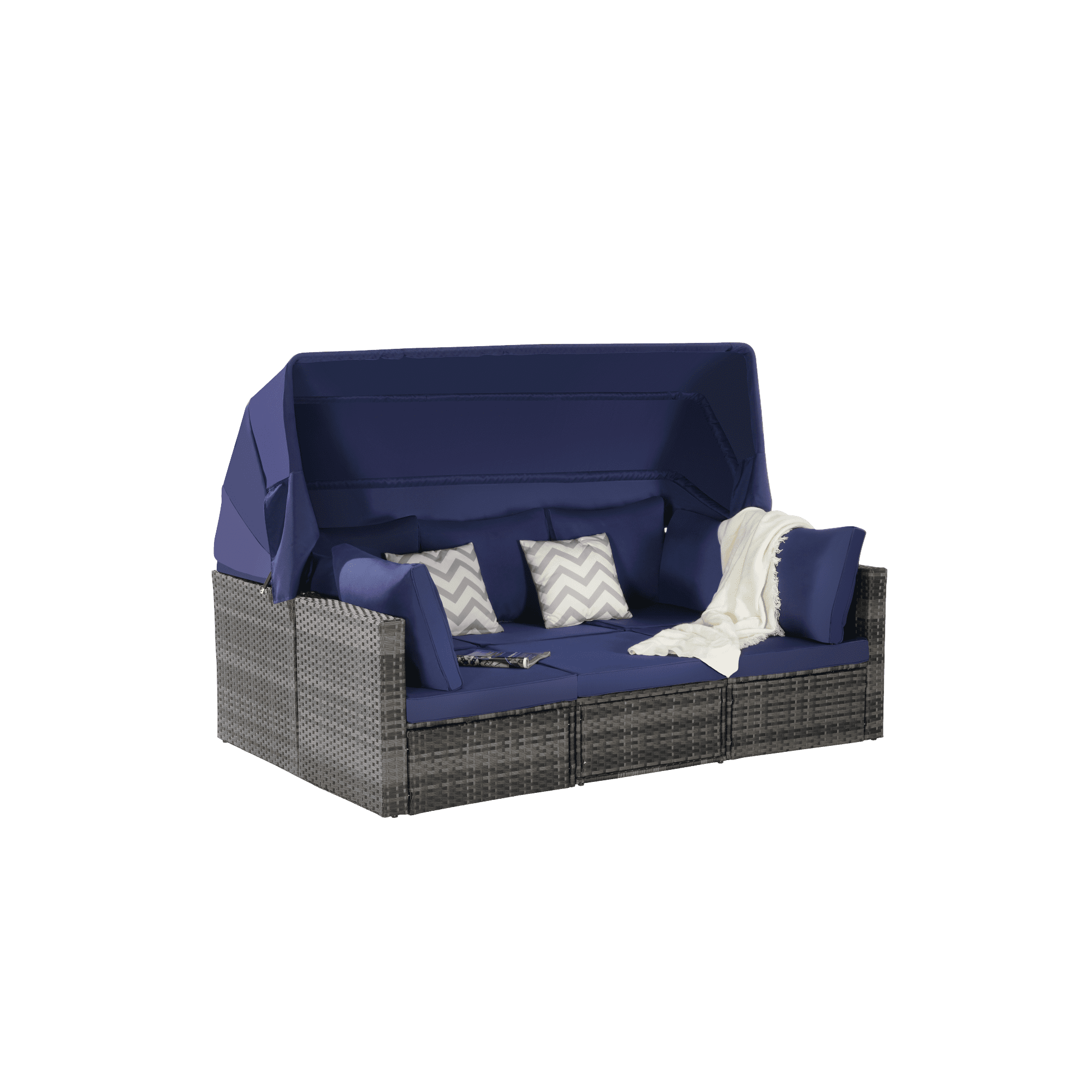 5 Pieces Outdoor Daybed with Retractable Canopy,Patio Wicker Sunbed Furniture Set with Storage Side Table and Sofa Cushions for Backyard, Porch, Garden,Dark Blue