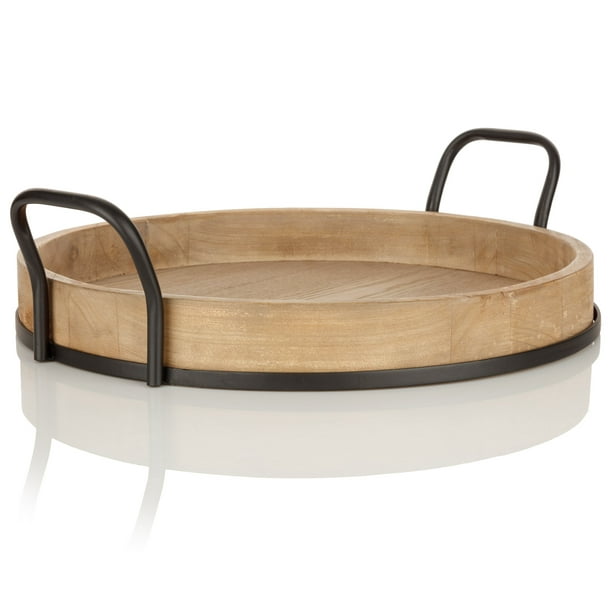Round Rustic Brown Wood Serving Tray, Round Serving Tray Big Wheels