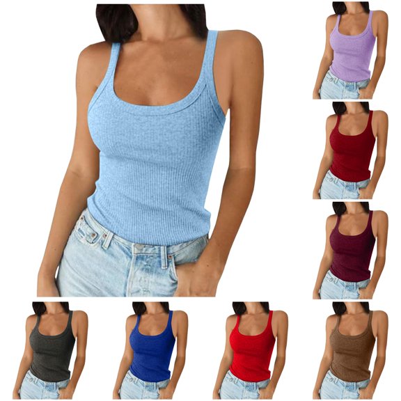 Women Spaghetti Strap Neck Ribbed Tank Tops Slim Fitted Camisole Basic Sleeveless Layering Shirts, XL, Light Blue