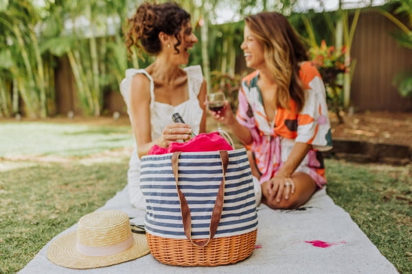 Picnic Time Coronado Canvas and Willow Basket Tote with Drawstring Closure and Wicker Base, Navy Blue & White Stripe