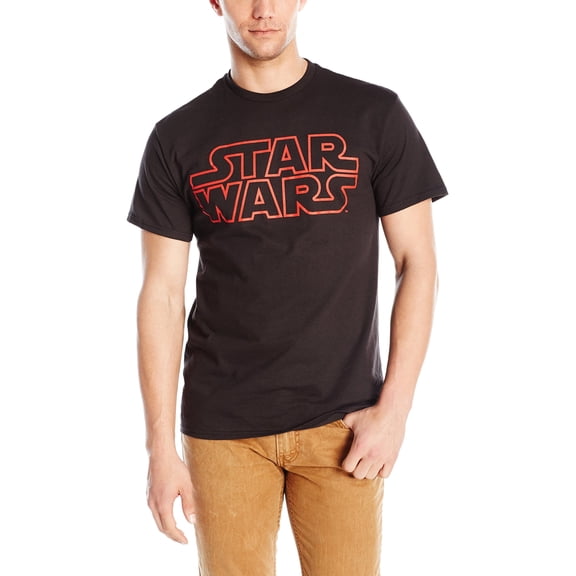 Star Wars Mens T-Shirt - Red Outlined Word Logo (Small, Black)