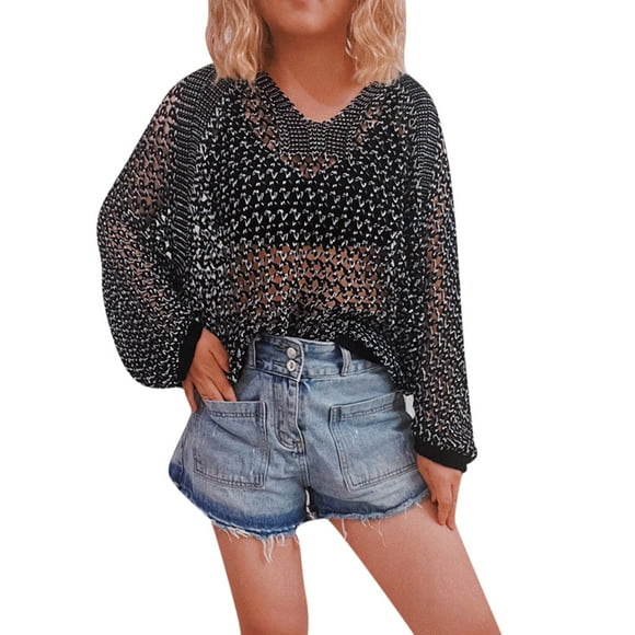 TSADFHJI T Shirts for Women Women Hollow out Long Sleeve Crochet Knitted Short Sexy Transparent Fishnet Top Xl Black