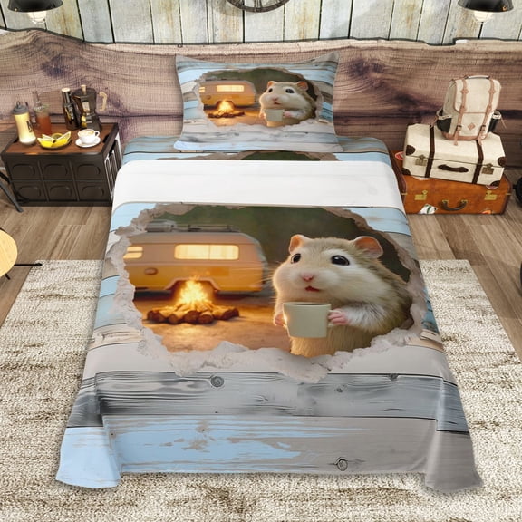 Erosebridal Happy Camping Twin Sheet Sets 3pcs for Teens,Kids Boys Girls Cartoon Animal Guinea Pig Bedding,Lightweight Room Decor