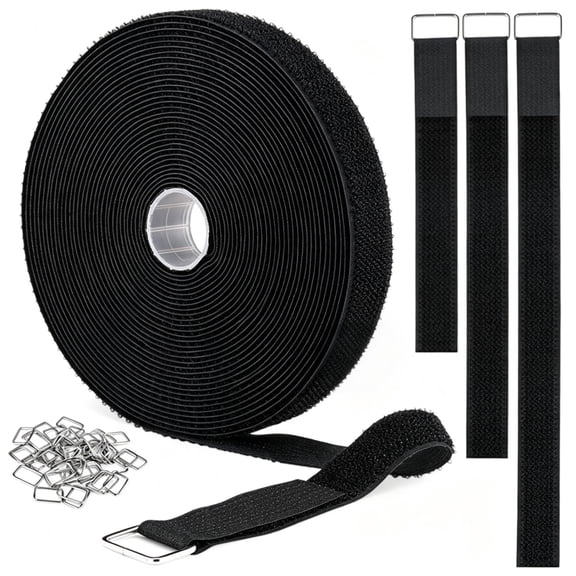 1"x32ft Hook and Loop Straps with 50 Metal Buckles, Adjustable Fastening Cable Straps, Cut-to-Length Cinch Strap, Reusable Nylon Securing Cord Ties for Organizer or Storage, 1 inch Wide, Black