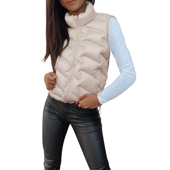 Yigetop Puffy Vest Women Women's Solid Color Sleeveless Short Jacket with Stand Collar Lightweight Zip Quilted Vest for Women Women's Puffer Vest Beige L