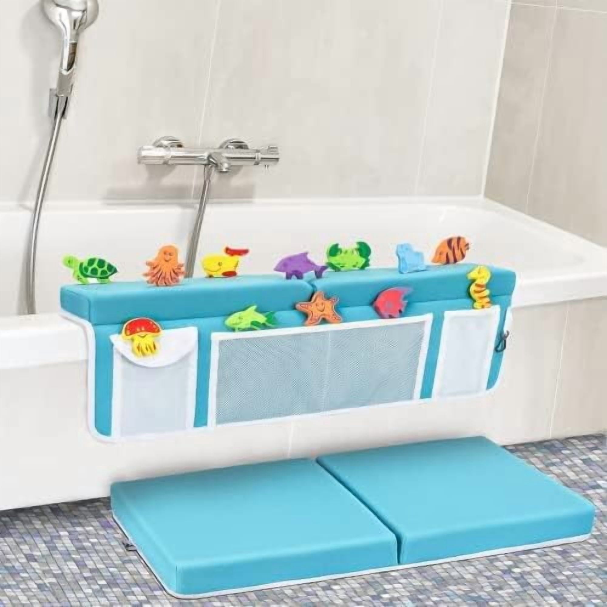 Bath Kneeler –8 Suction Cups & 1.5" Padding.Certified Non Toxic Bath Kneeling Pad for Bath Tub & 5 Bath Organizer. Fast Dry Baby Bath Kneeler and Elbow Rest Pad Set by -Blue