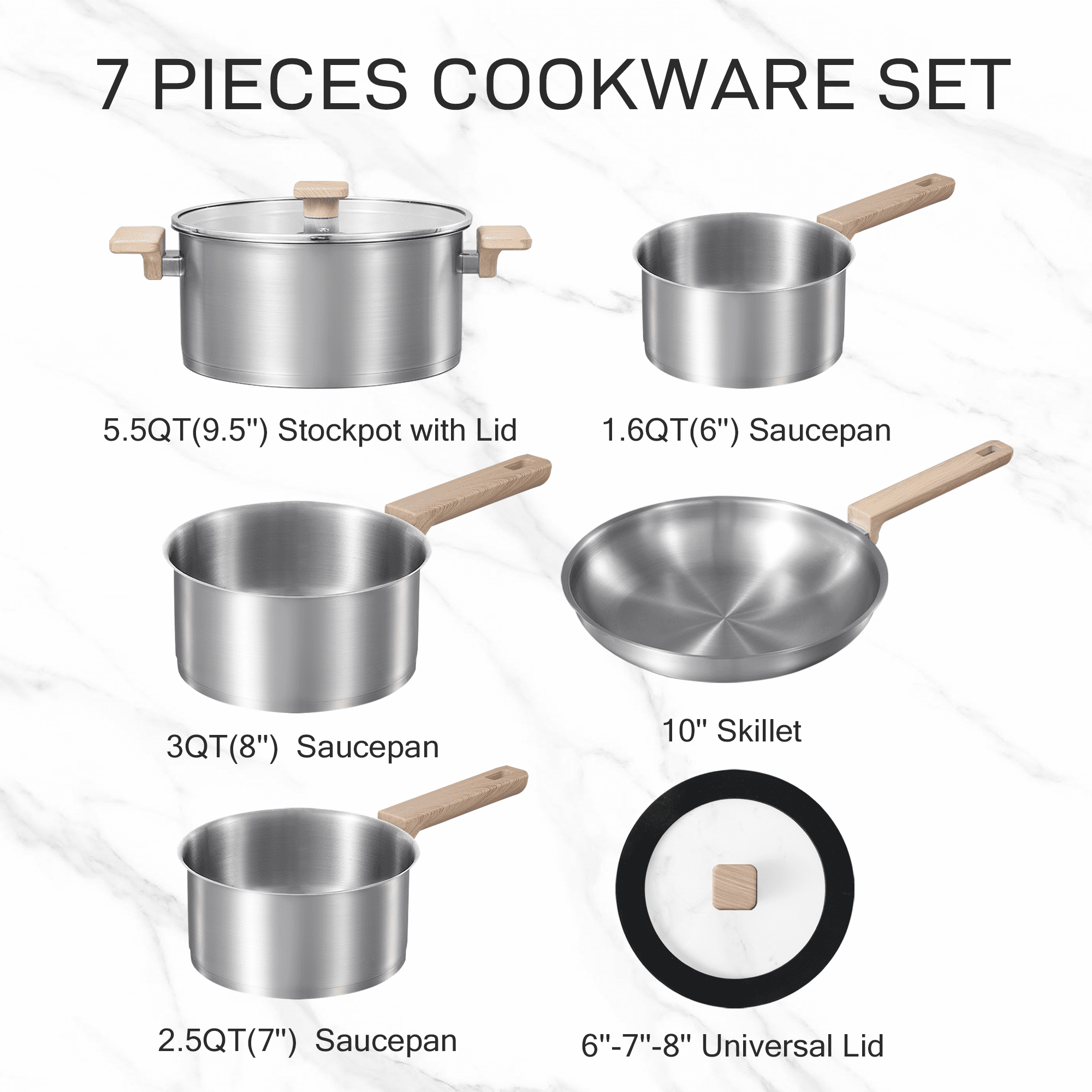 Carote 7-Piece Stainless Steel Cookware Set, Induction Pots and Pans for Home, RV, and Camping