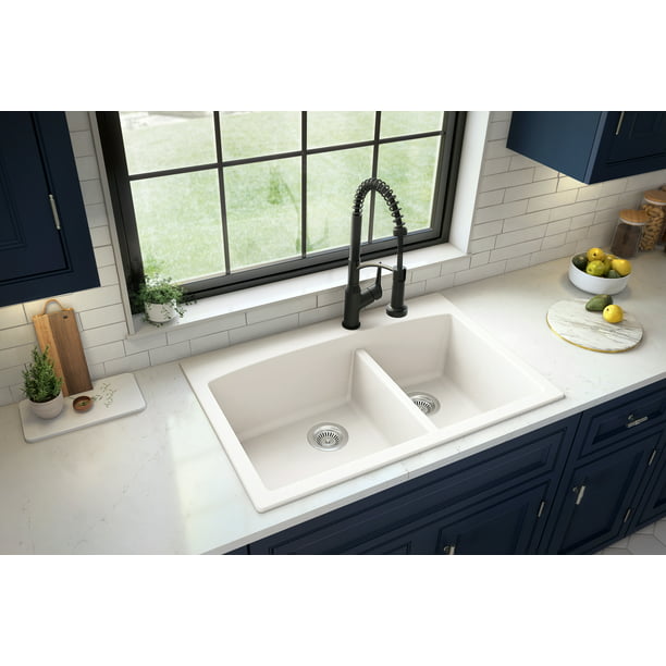 Karran QT-711 Drop-In Quartz Composite 33 in. 1-Hole 60/40 Double Bowl  Kitchen Sink in White - Walmart.com