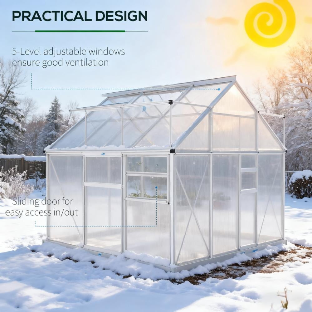 6x6 FT Greenhouse, Easy Assembly Polycarbonate Greenhouses with Adjustable Roof Vent, Large Aluminum Walk-in Greenhouse with Sliding Door, Silver