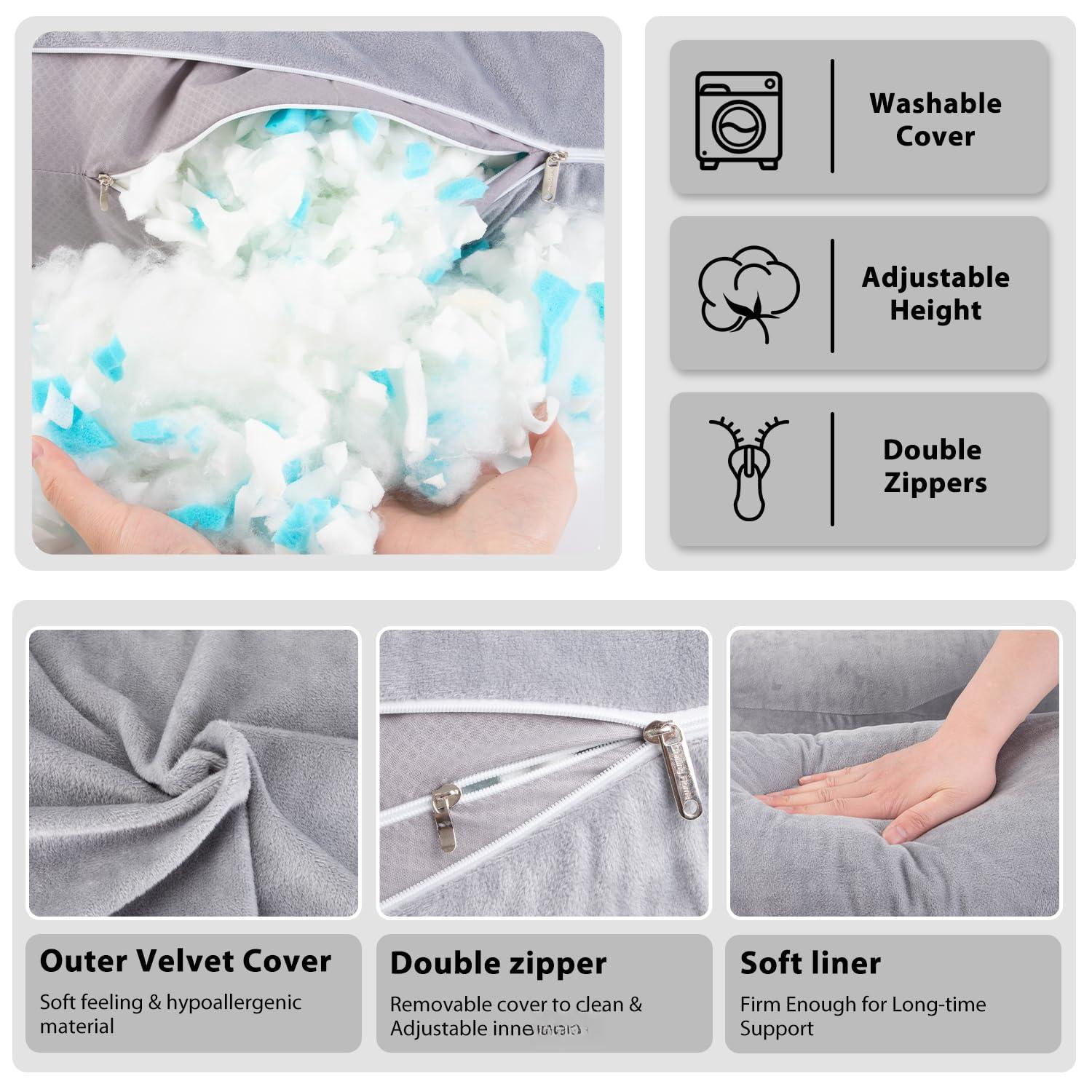 Memory Foam Pillow  J Shape Pillows For Sleeping Body Adults Maternity Women With Removable Cover Light Grey