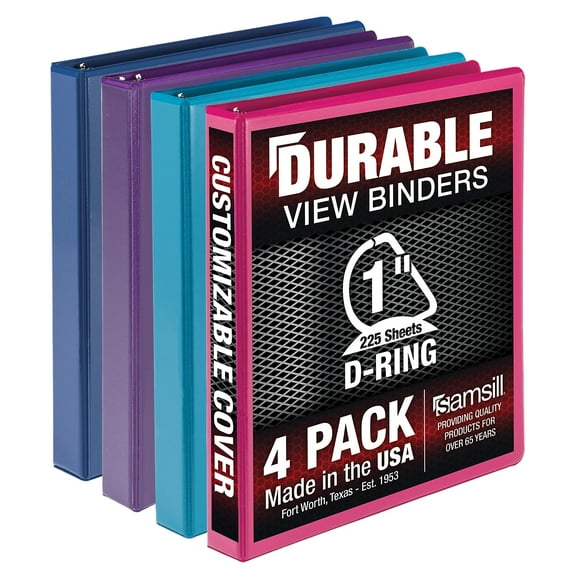 Samsill Durable 1 Inch Binder, , D Ring Customizable Clear View Cover, Fashion Assortment, 4 Pack, Each holds 225 Pages (MP46439)