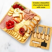 Tasty Natural Bamboo Cheese Board and Charcuterie Tray with Hidden Drawer, Utensils, Markers, and Chalk, 13 x 13