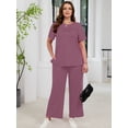 thumbnail image 2 of SHOWMALL Women's Plus Size 2 Piece Outfits Casual Matching Sets Short Sleeve Pleated Top and Wide Leg Pants Lounge Set with Pockets, XL-5XL, 2 of 9