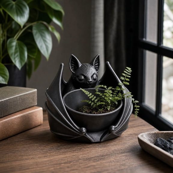VAIFTILNO Bat-Shaped Planter Decor Pot, Gothic Style Indoor Desktop Ornament for Succulents, Small Plants, Halloween Decoration