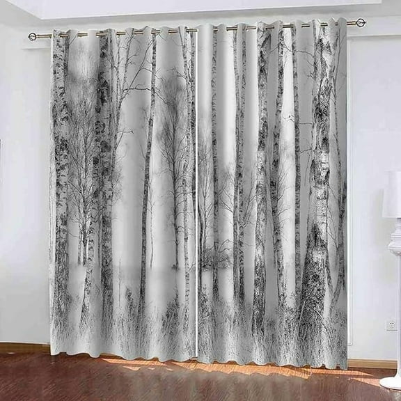 Gray Modern Forest Landscape Blackout Curtains, 2 Panels Window Curtains, 3D Printed Room Darkening Thermal Insulated Drapes For Living Room And Bedroom 42"W x 63"L (Pack of 2)