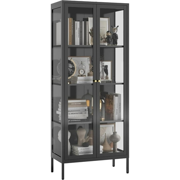 Glass Display Cabinet 4-Tier, Display Cabinet with Glass Doors, Curio Display Cabinet with Tempered Glass Doors,Metal Storage Cabinets for Living Room, Black