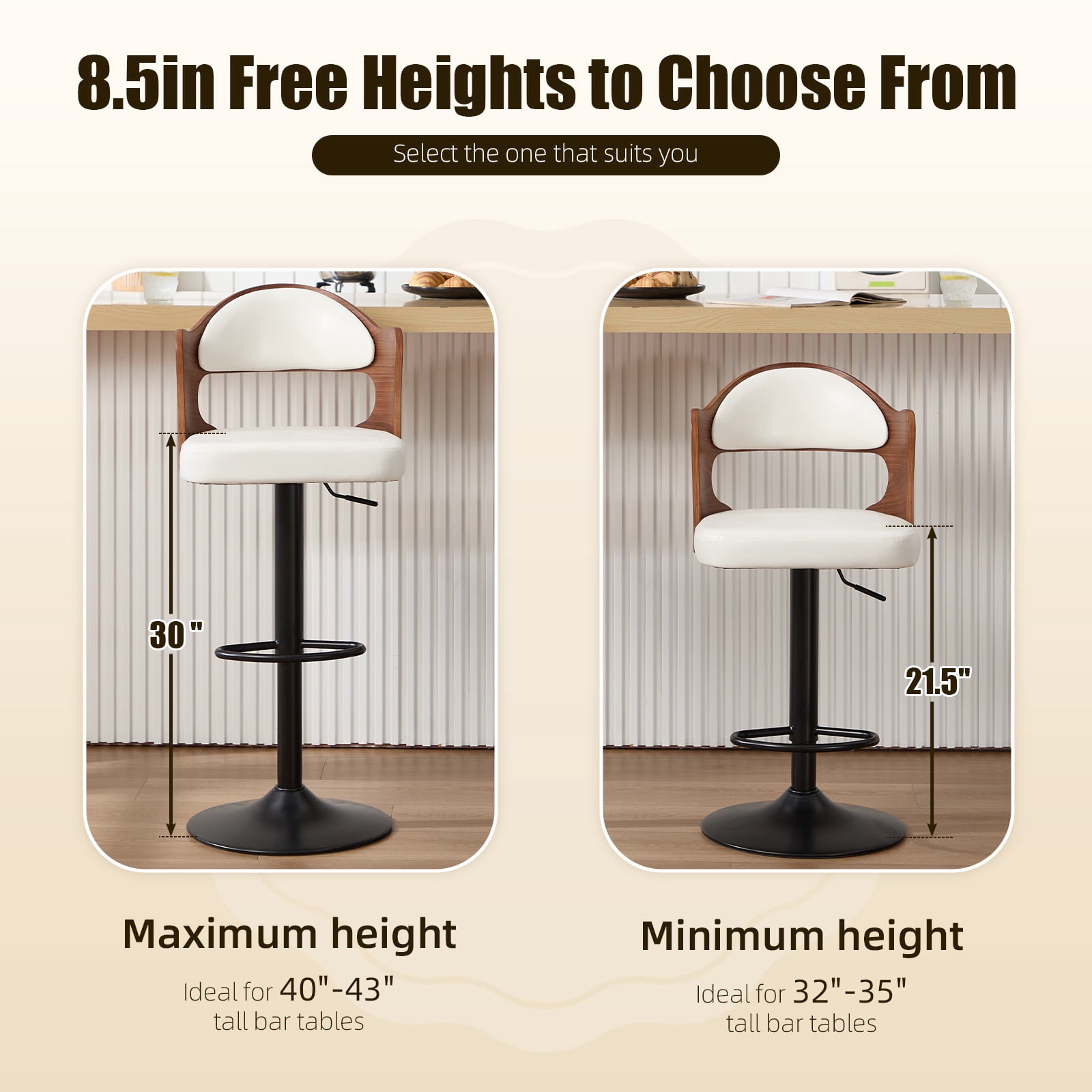Homefun Swivel Bar Stools Set of 2,Wooden Upholstered Scratch-Resistant Fabric with Back,Chairs for Kitchen Island,White
