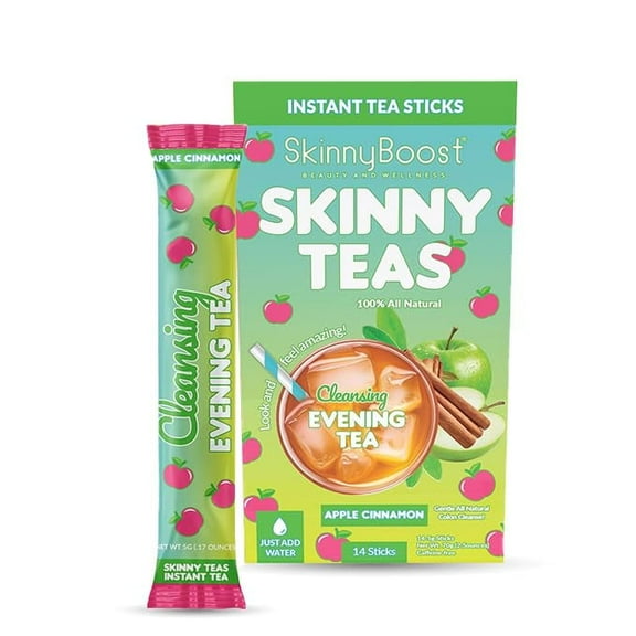 Skinny Teas Instant Tea Sticks – Cleansing Evening Tea – 14 Ct – Herbal Detox Blend with Colon and Body Cleansing Herbs – All Natural Gentle Cleanse, Reduce Bloat (Apple Cinnamon)