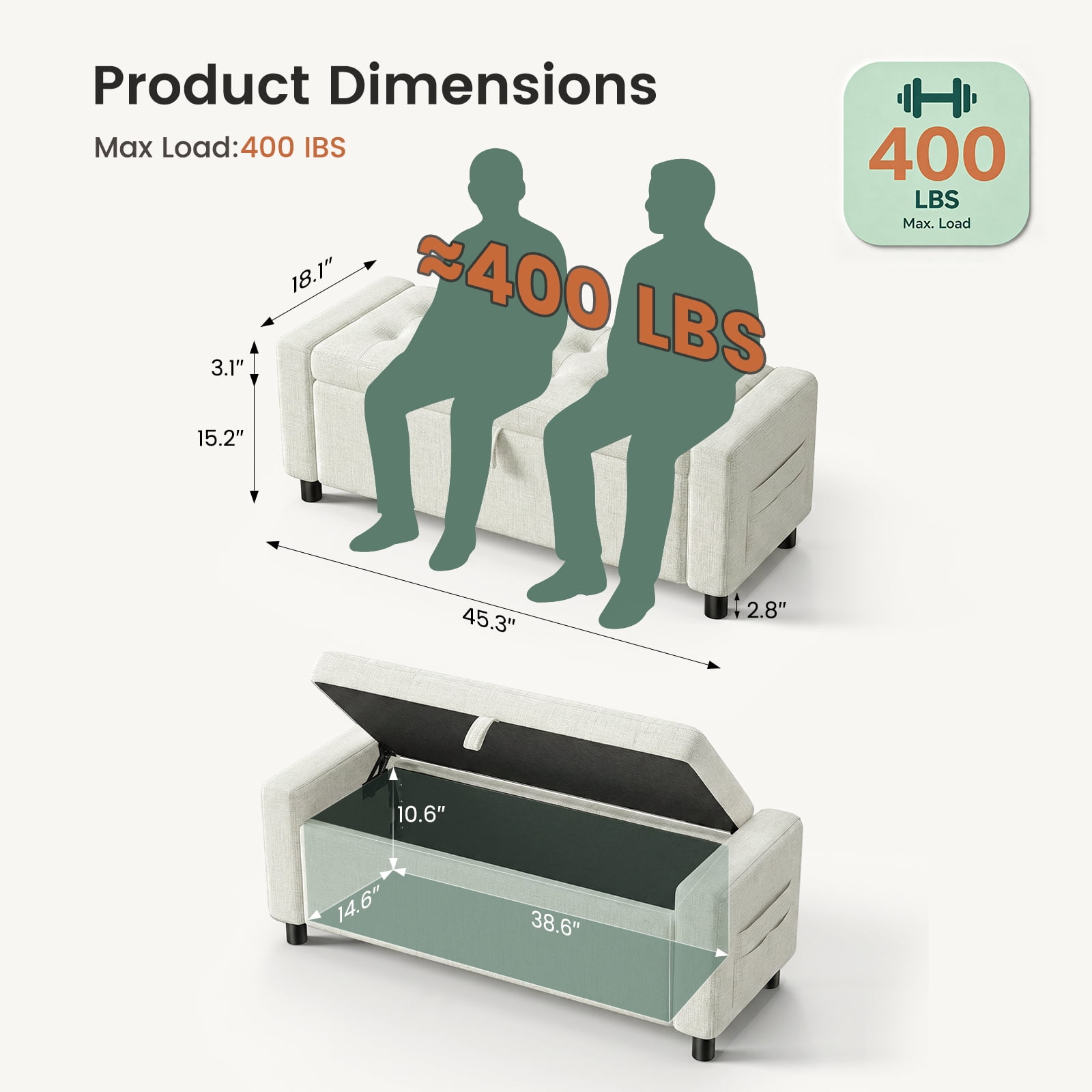 46" Storage Ottoman Bench with Hidden Compartment & Side Pocket,400 lbs Capacity,Safety Hinge,Multi-Functional End of Bed/Entryway Storage,Beige