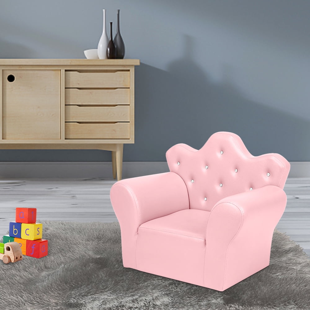 Private Jungle Children Upholstered Sofa PVC Leather Princess Sofa with Diamond Decoration，Mini Sofa for Boys and Girls，Pink