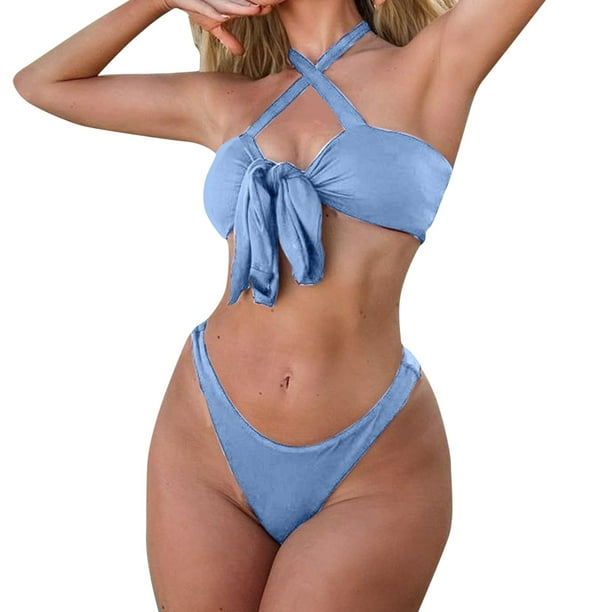 Cathalem Bikinis for Women Sexy Ribbed Lace Up Strapless Bandeau Bikini Set  High Cut Bathing Suits,Blue L