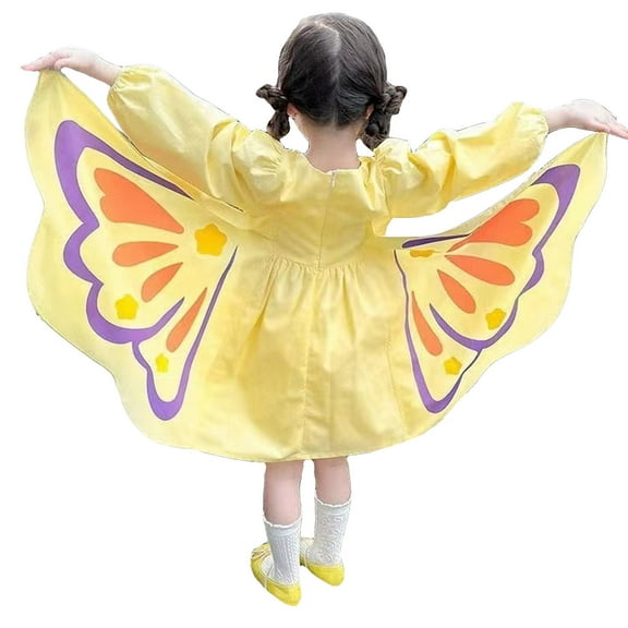 WhouRiu Girls Long Sleeve Dresses Casual Summer Crew Neck Butterfly Wing Dress Kids Comfortable Cute Everyday Sundress,5-6 Years