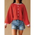 thumbnail image 4 of Women's Cropped Cardigan Sweaters Fall Long Sleeve Open Front Color Block Knit Outwear Coats Red S, 4 of 10